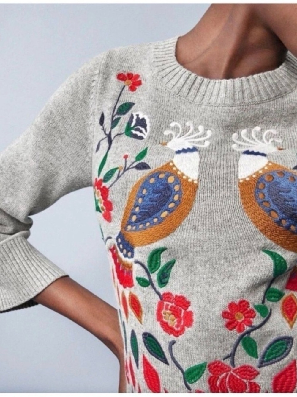 Loft Embroidered Floral Bird Peacock Art deco Sweater Wool Blend Bell Sleeves